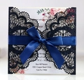Navy blue glitter laser-cut wedding invitation with a matching satin ribbon bow - Glitter Dark Blue