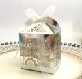 Silver laser-cut hollow candy box with floral patterns and a white chiffon ribbon bow - Reflective Silver