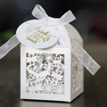 Elegant white laser-cut candy gift box with bird patterns and gold thank you tag - With Tag (White)