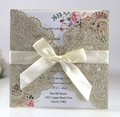 Elegant champagne gold glitter laser cut wedding invitation with pink floral insert and bow - Glitter Light Gold