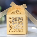 Golden laser-cut wedding candy box with bird pattern and elegant organza ribbon bow - Gold