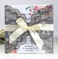 Elegant laser cut wedding invitation with grey glitter lace cover and cream ribbon bow - Glitter Charcoal Silver