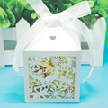 White laser-cut candy box with bird pattern and elegant organza ribbon bow for weddings - Heart Design (Old Version)