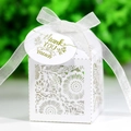 White laser-cut hollow candy gift box with floral pattern and white ribbon bow decoration - Hang Tag (Additional Option)