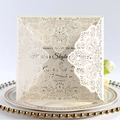 Elegant laser cut wedding invitation card with intricate ivory lace and gold plate decor - Ivory