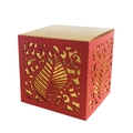 Elegant red wedding favor box with gold laser-cut vine patterns and square shape - Pearl Red + Gold