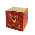 Elegant red laser-cut wedding candy gift box with gold interior and heart patterns - Pearl Red + Gold