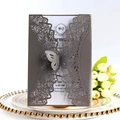 Laser cut butterfly wedding invitation card in dark grey with elegant lace details - Charcoal Silver