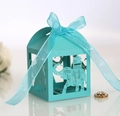 Boîte à bonbons bleu Tiffany évidée motif éléphant avec ruban en organza et découpe laser - Bleu Tiffany