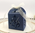 Boîte à dragées Ganesha bleu marine découpée au laser avec ruban en organza blanc - Bleu Saphir Avec Ruban Beige