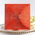 Laser cut orange-red lace wedding invitation card with intricate hollow pattern - Orange Red