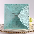 Laser-cut light blue lace wedding invitation card with intricate hollow mandala pattern - Tiffany Blue