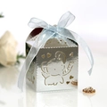 Silver laser-cut elephant candy box with light blue silk ribbon and hollow heart pattern - Reflective Silver