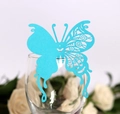 Elegant sky blue butterfly laser cut name card attached to glass rim for weddings - Sky Blue