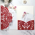 Sparkly red laser-cut wedding invitation set with floral inner card and RSVP card - Glitter Red