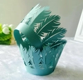 Teal laser-cut feather cupcake wrapper for elegant wedding or party dessert decor - Tiffany Blue
