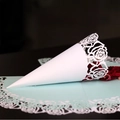 White laser-cut wedding cone with rose patterns and red petals on blue lace paper - White