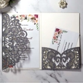Elegant laser cut silver glitter wedding invitation set with floral inner card and RSVP card - Glitter Charcoal Silver