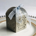 Beige hollow elephant laser-cut favor box with light blue organza ribbon bow - Silver Grey