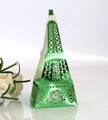 Elegant green Eiffel Tower hollow candy box with laser-cut floral patterns and metal texture - Reflective Green