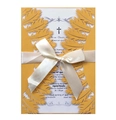 Elegante invito di nozze giallo senape tagliato al laser con fiocco in seta bianco - Oro