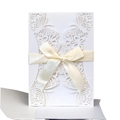 Laser cut white butterfly wedding invitation card with elegant cream satin ribbon bow - White