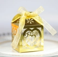 Elegant laser-cut heart pattern golden wedding favor box with a delicate ribbon bow - Reflective Gold