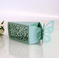 Teal green laser-cut wedding candy box with rose hollow pattern and butterfly top - Tiffany Blue