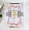 Close-up of laser cut lace wedding invitation with silver glitter belt and floral inner page - Fresh Lace Cover Design (HK-70)
