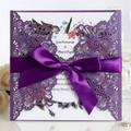 Purple laser-cut lace wedding invitation with bird pattern inner page and silk ribbon - Dark Purple