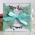 Elegant mint green laser cut wedding invitation card with lace pattern and satin ribbon - Turquoise Blue
