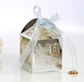 Laser cut church candy box in silver with light blue ribbon and rhinestones - Reflective Silver