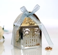 Elegant laser-cut hollow fence candy box in silver mirror finish with blue ribbon bow - Reflective Silver