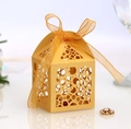 Golden laser-cut wedding favor box with hollow circles and orange organza ribbon - Gold