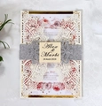 Elegant laser cut wedding invitation with silver glitter belt and rose floral insert cards - Complex Lace Floral Hollow (HK-129)
