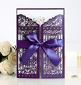 Deep purple laser-cut gate-fold wedding invitation with elegant satin ribbon bow decoration - Dark Purple