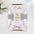 Elegant white laser cut feather wedding invitation with silver glitter band and pink floral - Feather Shaped Hollow Style (HK-71)