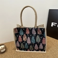 Sac tote en lin bleu marine avec motifs de Noël colorés et poignées en corde - Noir