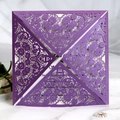 Purple pearl paper laser-cut invitation card with floral lace pattern and white insert - Dark Purple