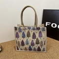 Sac fourre-tout tissé vertical avec motif de tapisserie de sapin de Noël aux tons chauds - Kaki