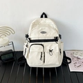 Mochila retro de lona crema con correas negras y colgante de moda para estudiantes - Blanco