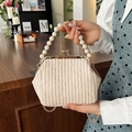 Schicke beige Cord-Handtasche mit Perlengriff und goldenem Kussverschluss für Damen - Hellbeige