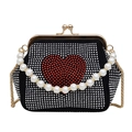 Elegante pochette da sera nera con cuore di strass e manico di perle per cerimonie - Bianco