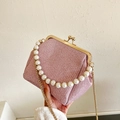 Pink glitter woven evening bag with large pearl handle and gold chain strap - Pink