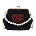 Clutch da sera nera con strass a cuore, manico di perle e tracolla a catena oro - Nero