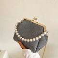 Silver sequin evening clutch bag with pearl handle and golden chain strap - Gray