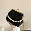 Elegant black glitter evening bag with pearl handle and golden metal clasp closure - Black