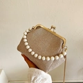 Elegant champagne gold evening clutch bag with pearl handle and metal chain strap - Khaki