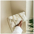 Elegant white envelope crossbody bag with gold pattern and metallic chain strap - White