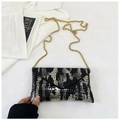 Fashionable black and white geometric pattern envelope chain bag with gold strap - Black